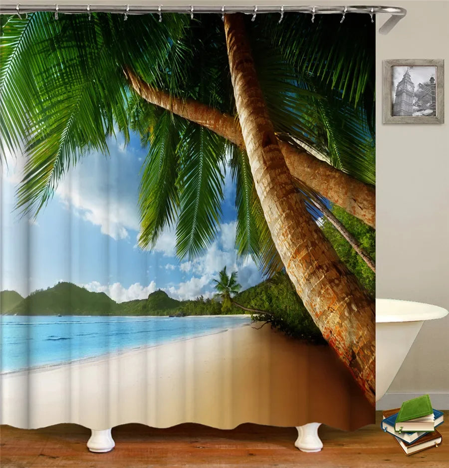 Bath Curtain Sea Beach Shell Starfish Shower Curtains 180*180cm Waterproof Bathroom Home Washable Fabric Bath Screen 12 Hooks