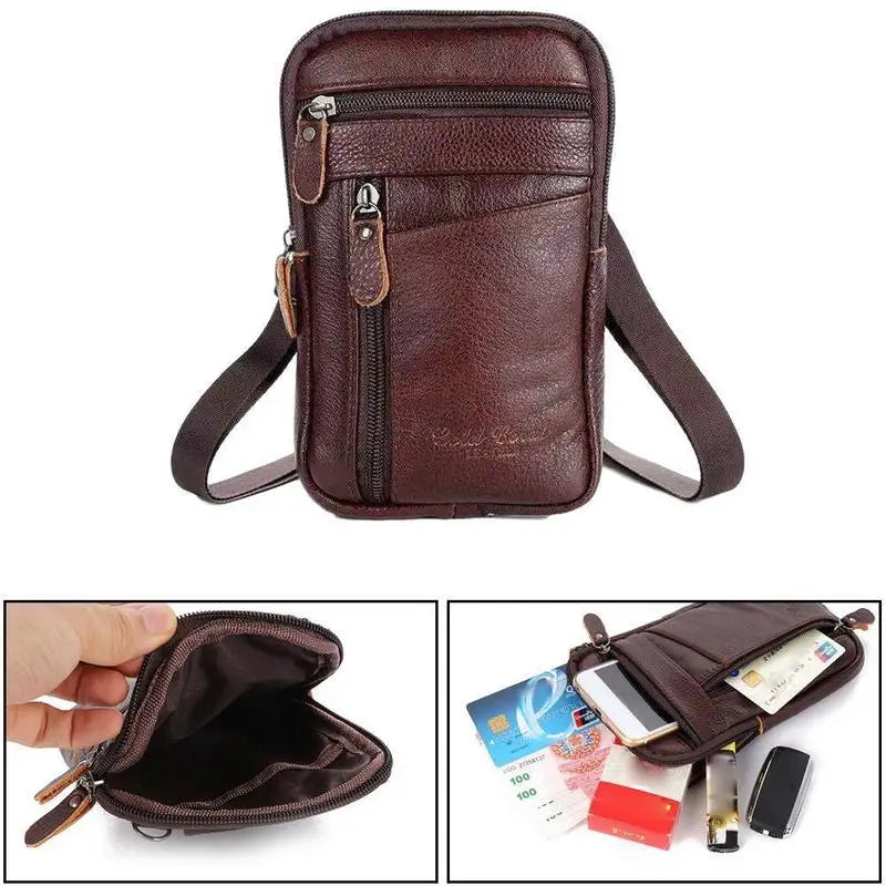 Leather Waist Bag Men's Mobile Phone Bag Wearing Belt Outdoor Sport One Shoulder Small Bag Doing Business Crossbody Bags