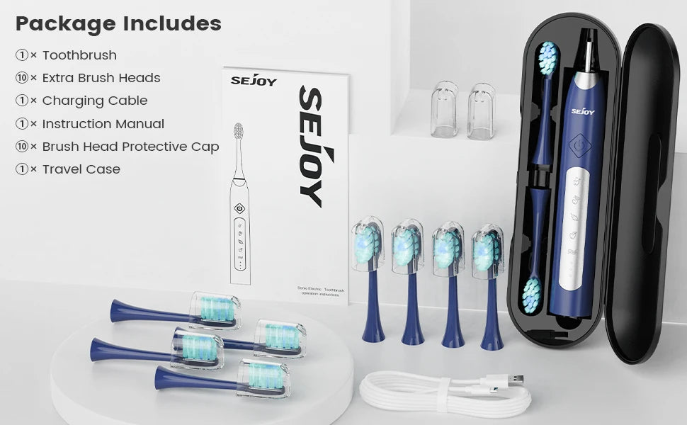 Sejoy Electric Sonic Toothbrush with 10 pcs Replacement Heads Rechargeable Waterproof Tooth Brushes for Home Travel