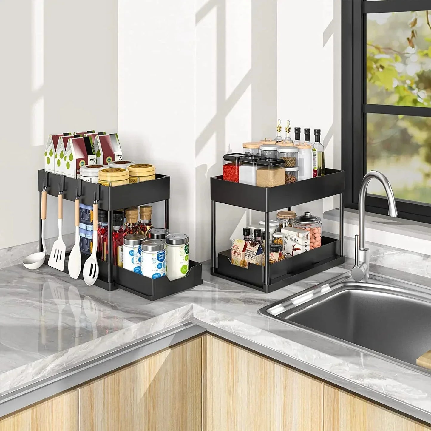 2-Tier Pull Out Under Sink Organizer, Storage Rack with Hooks & Cups, Space Saving Slide-Out Shelf for Kitchen Bathroom Cabinet