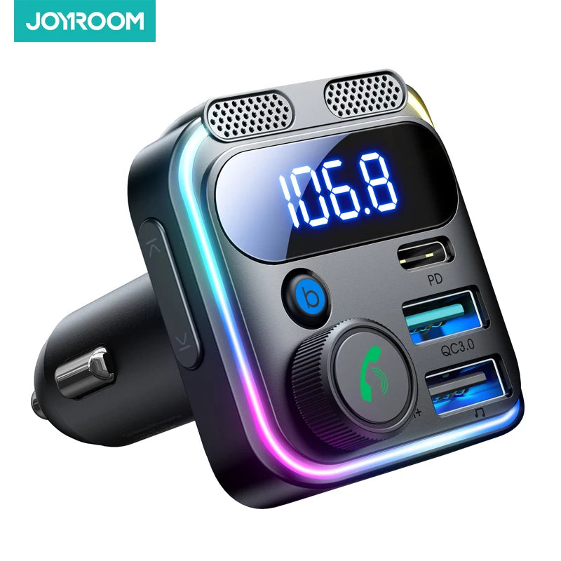 JOYROOM 81W Bluetooth 6.0 Car FM Transmitter Dual Mics PD&QC 3.0 Car Fast Charging Charger Adapter U Disk Hands-Free Calling