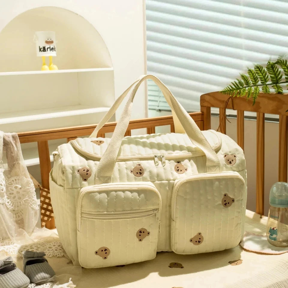 Baby Diaper Bag Cute Bear Flower Embroidery Pattern Mommy Bag Baby Beige Cotton Fabric Zipper Diaper Handbag New Luggage Bag
