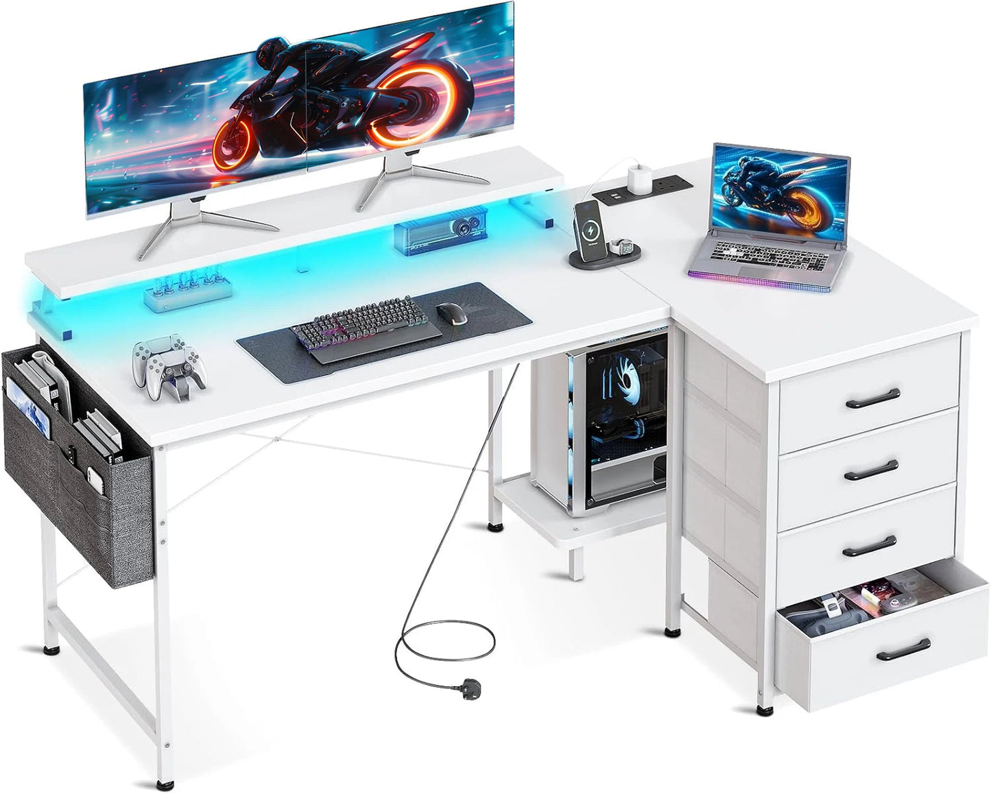 Coleshome L Shaped Gaming Desk with LED Lights & Power Outlets, 140x80cm Corner Computer Desk with Drawers, White