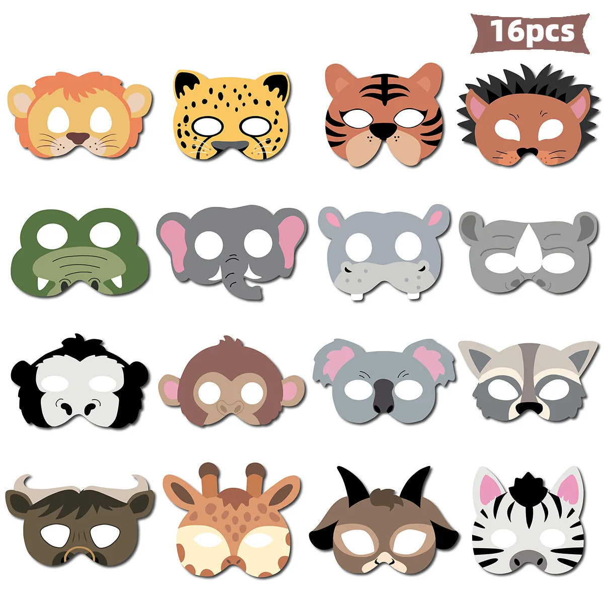 16PCS Jungle Animal MaskCosplay Cartoon Animals Paper Party Masks Jungle Safari Theme Birthday Party Decor Game Dress Sasquerade