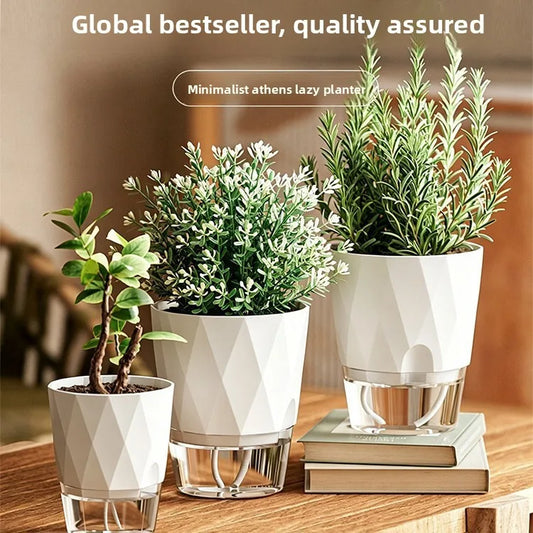 Self Watering Planter Diamond Lazy Flower Pot Transparent Double Layer Plastic Plant Pot for Indoor Plants