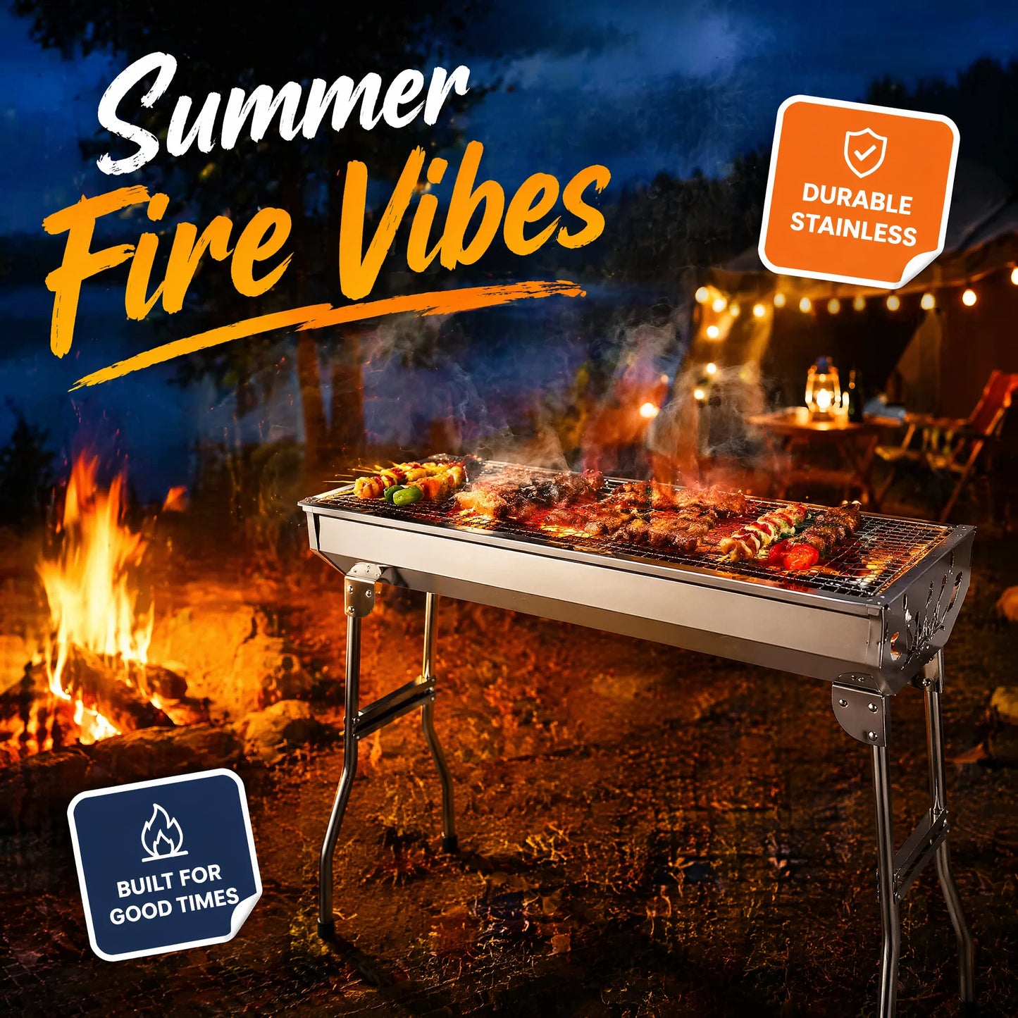 Portable Folding BBQ Grill, Instant Setup Charcoal Barbecue for Camping Festivals Beach, Lightweight Stainless Steel with Carry Bag, Foldable Legs Garden Picnic