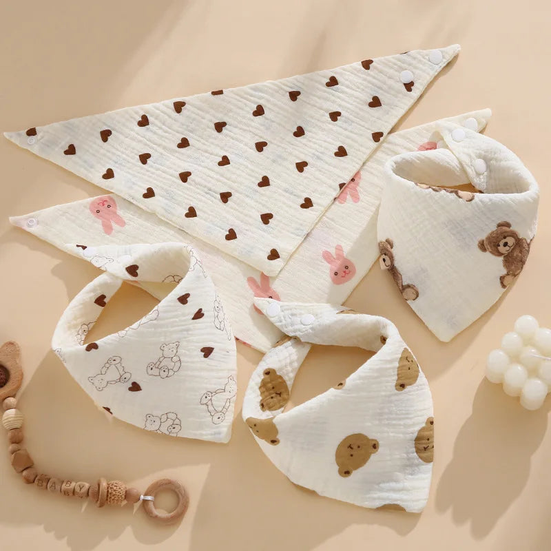 0-2Year Baby Bibs Saliva Scarf 5Pcs Triangle Scarf Cartoon Bear 4-Layer Linen Cotton Newborn Boy Girl Absorbent Cloth Baby Bibs