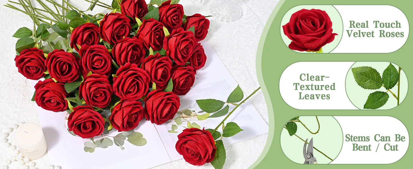 Red Roses Artificial Flowers Bulk Real Touch Velvet Roses Flowers for Wedding Centerpieces Bridal Bouquet Valentines Day Decor