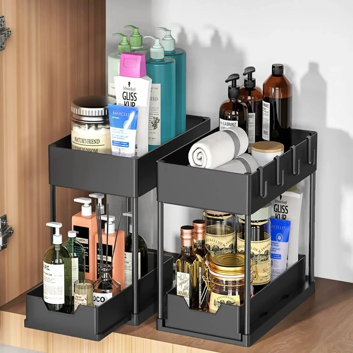 2-Tier Pull Out Under Sink Organizer, Storage Rack with Hooks & Cups, Space Saving Slide-Out Shelf for Kitchen Bathroom Cabinet