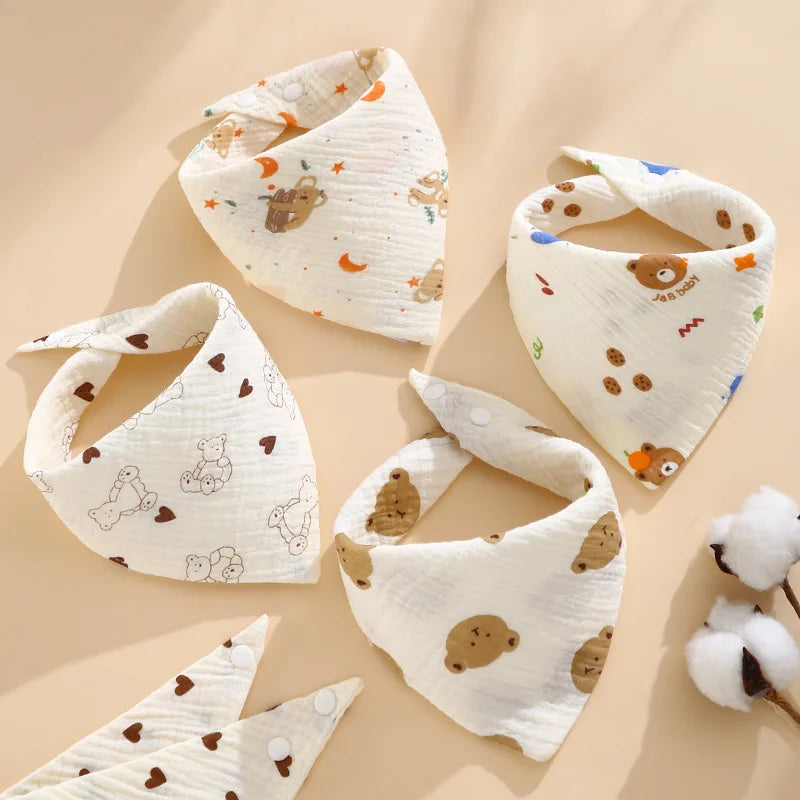 0-2Year Baby Bibs Saliva Scarf 5Pcs Triangle Scarf Cartoon Bear 4-Layer Linen Cotton Newborn Boy Girl Absorbent Cloth Baby Bibs