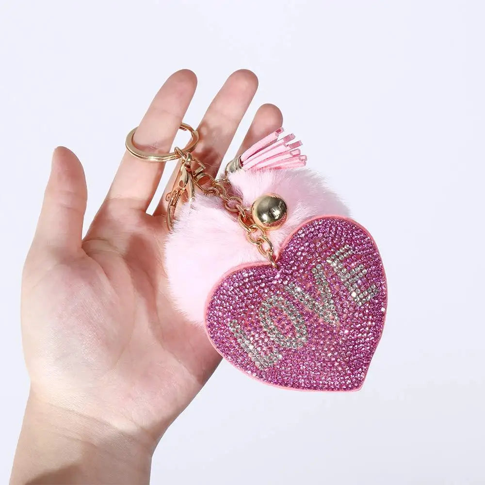 Fashion for Women's Bags Girls Ornaments Packaging Decoration Pompom Keychains Rhinestone Heart Bag Pendant Rhinestone Keyrings
