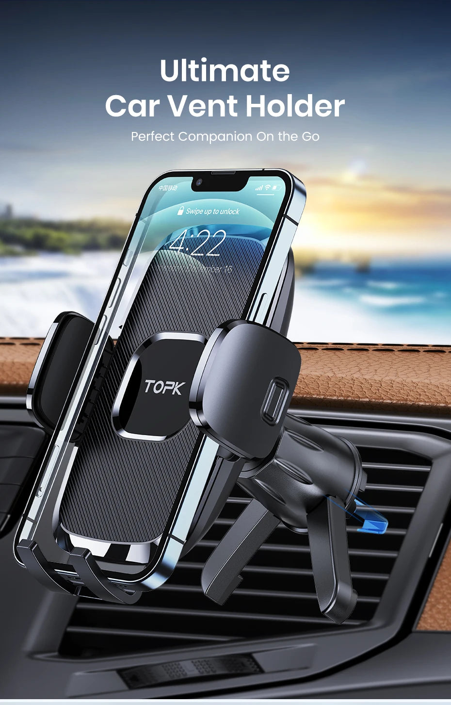 TOPK D35-S Car Phone Holder, Universal Phone Mount for Car with Hook Clip Air Vent Car Mount 360° Rotation for Mobile Phones