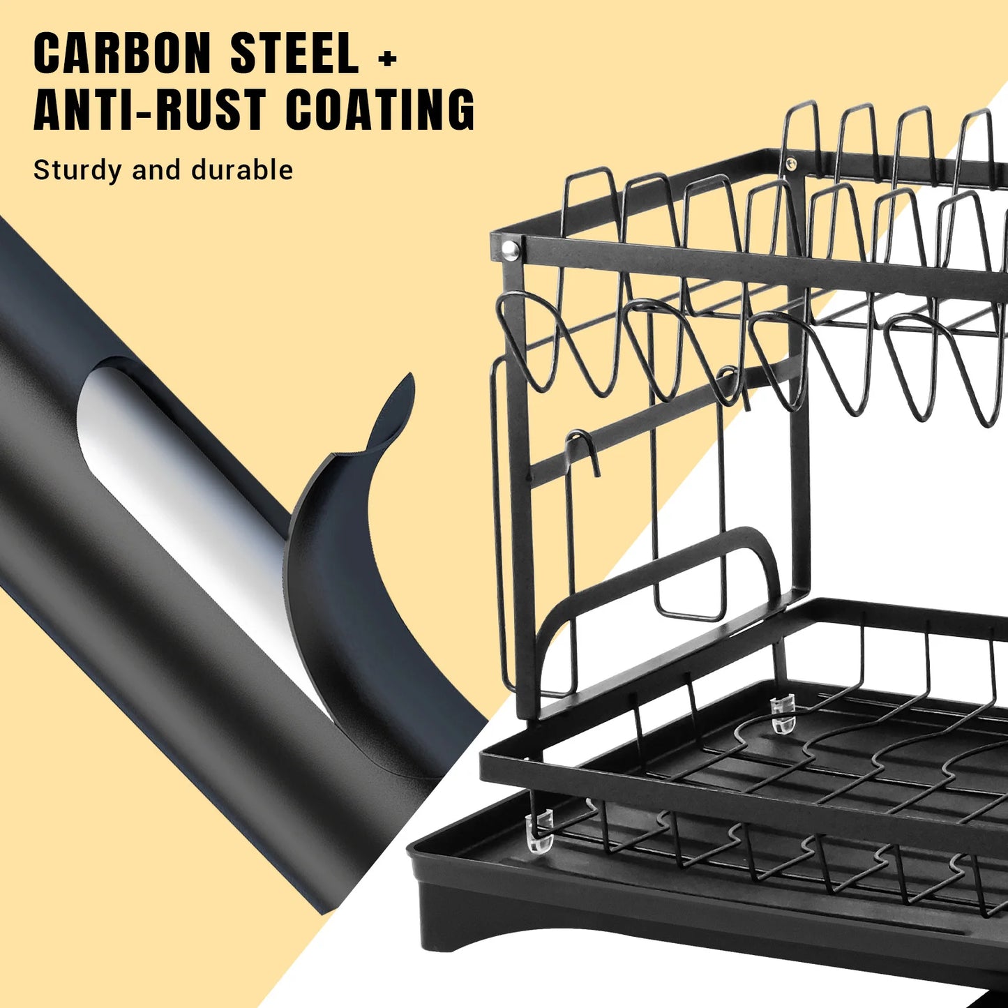 2 Tier Dishes drainer rack, kitchen Metal dishes drain rack with Drainboard, tableware tray drainer storage rack, kitchen organizer, 44x31x30cm, black