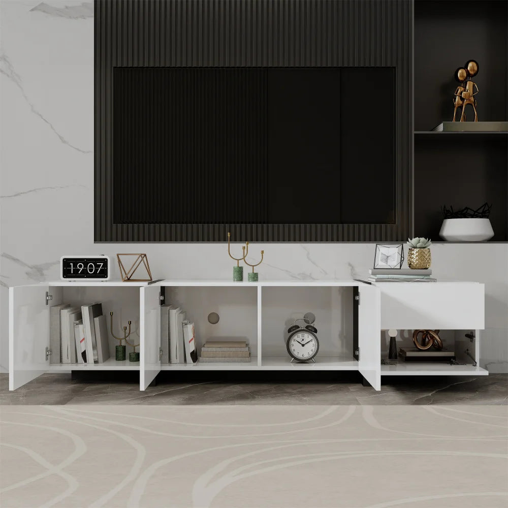 PINGGO TV cabinet, white high-gloss cabinet and black contrasting table legs, with simple cabinet doors and drawers.