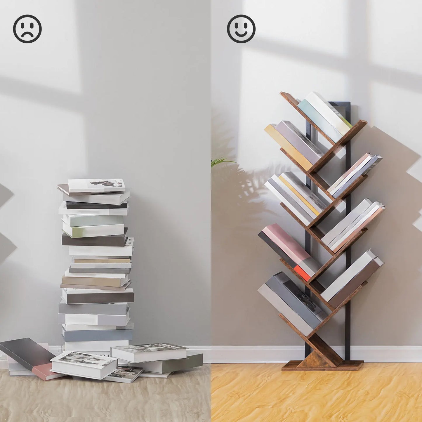 Tree Bookshelf Tall, 9-Tier Floor Standing Book Shelf, Tall Bookcase for CDs Albums, for Living Room, Rustic Brown and Black