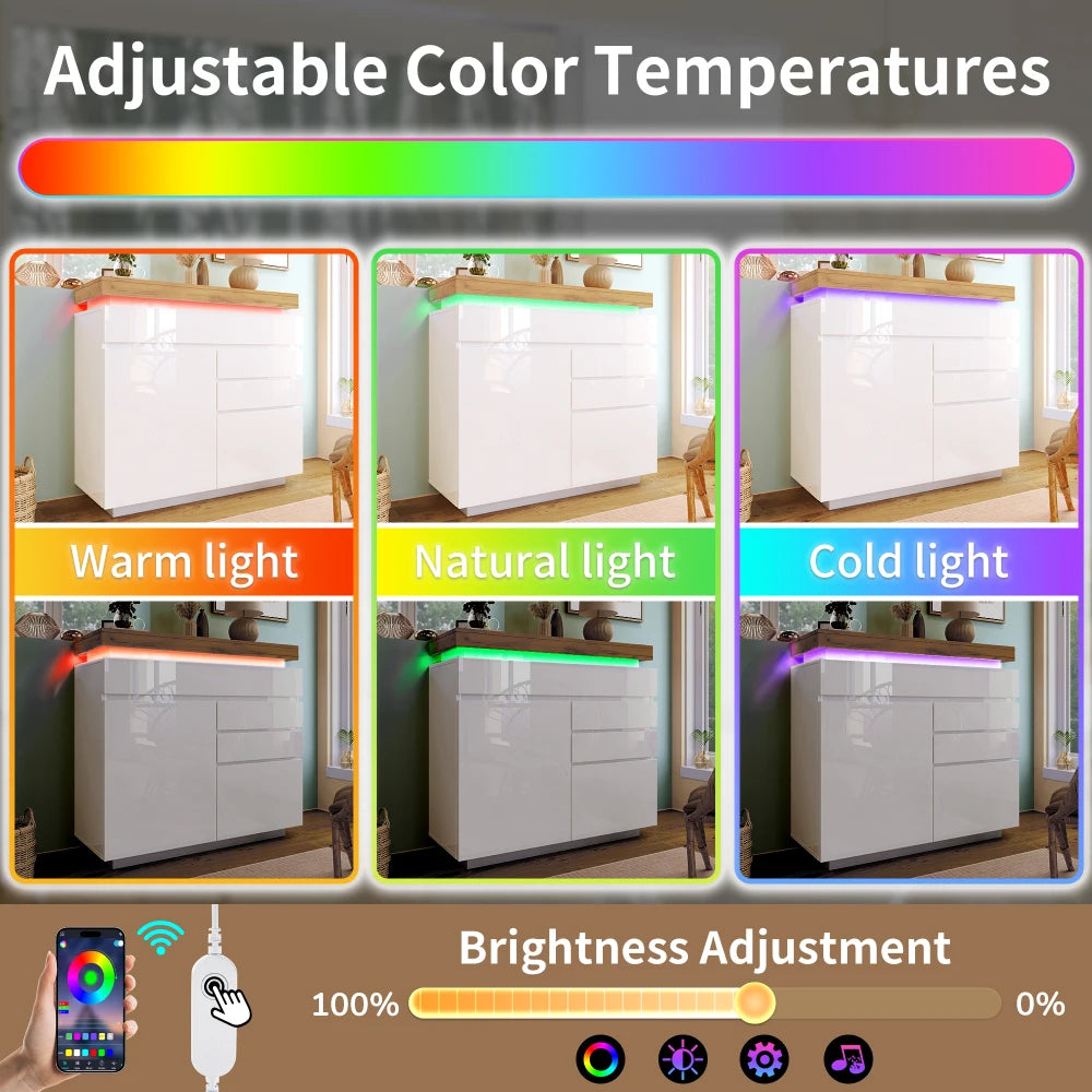 PINGGO Chest of Drawers,High-gloss Sideboard Cabinet with 2 Doors and 3 Drawers,Storage with RGB LED,115 x 110 x 39 cm, White