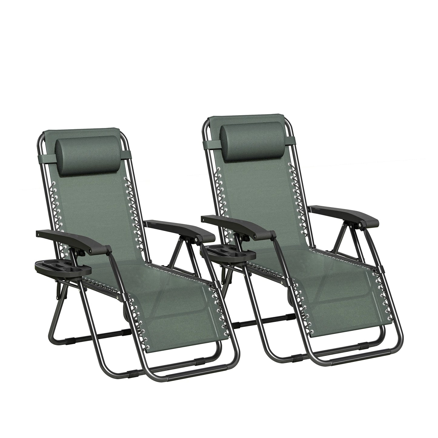 Zero Gravity Reclining Chair Set of 2 – Folding Outdoor & Garden Chairs with Textilene Fabric, Cup Holder and Headrest Pillow