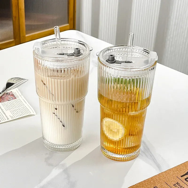 600ML Stripe Glass Coffee Cup with Lid and Straw Transparent Drinking Glasses for Juice Milk Tea Cups Iced Coffee Mugs Drinkware