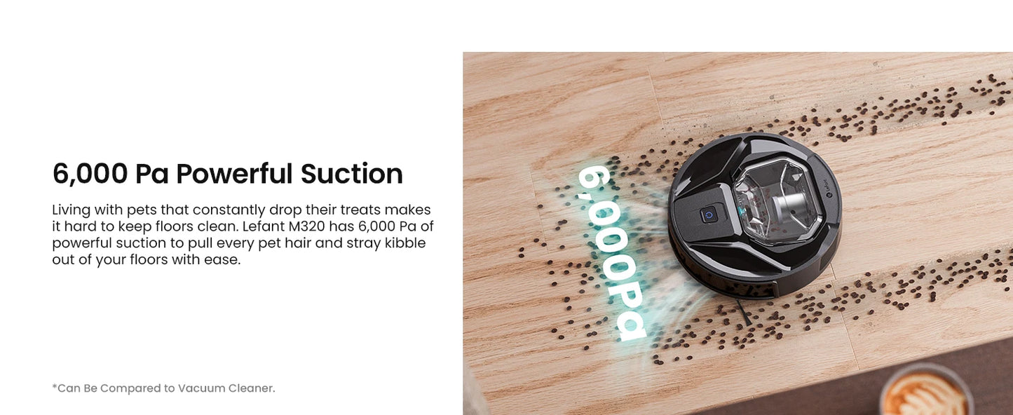 Lefant M320 Robot Vacuum Cleaner, Carpet Detection, 6,000 Pa Suction, Low Noise,  210 Mins Runtime, Self-Charging, Ideal for Har