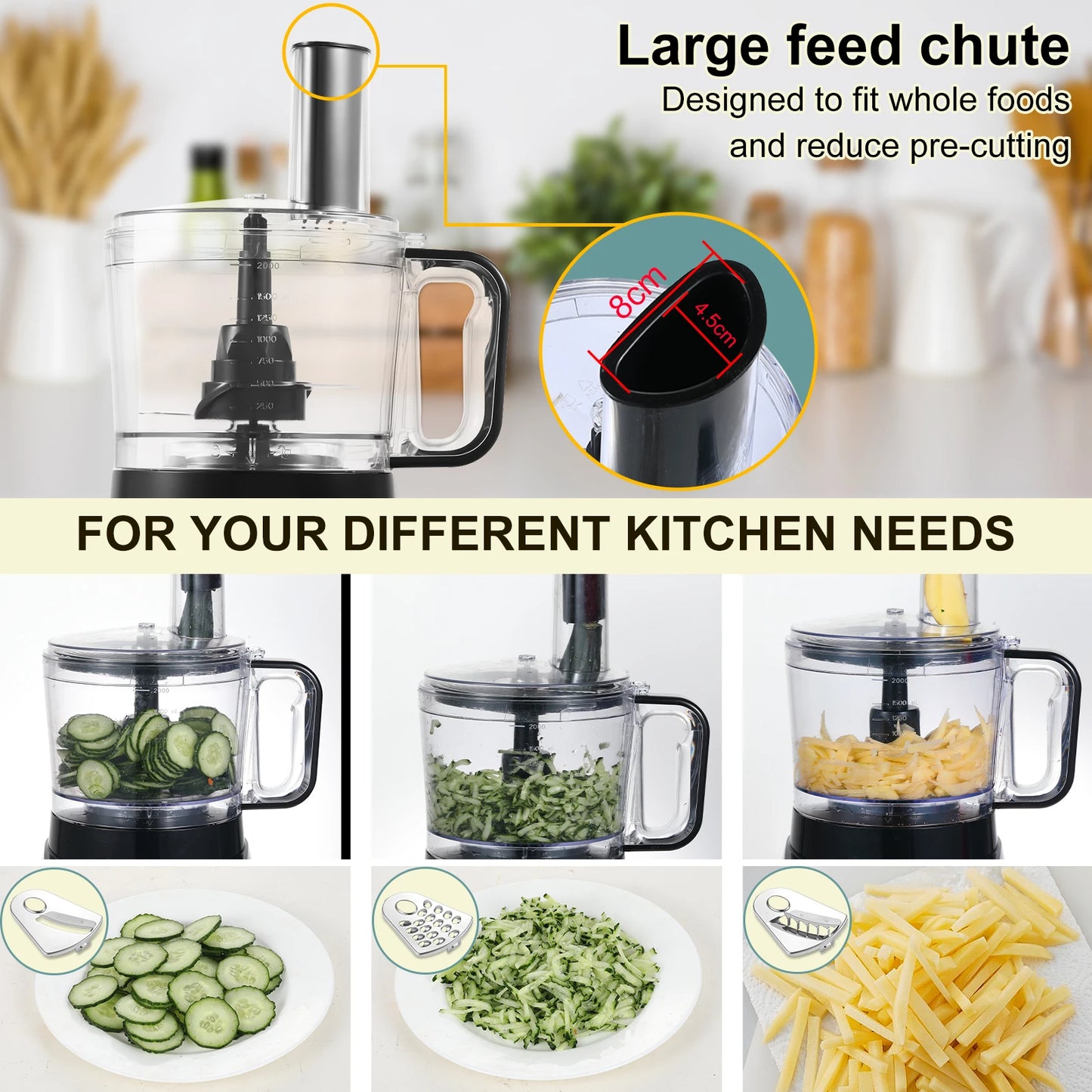TopStrong 6-in-1 for Chopping, Slicing, Shredding and Kneading Dough, 3 Speeds with Pulse, 2L Mixing Bowl 800W Food Processor