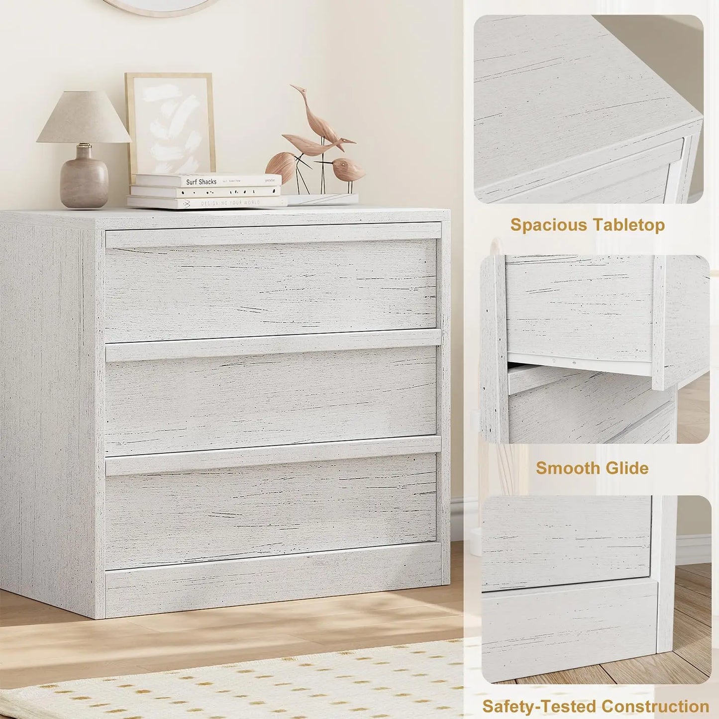 3 Drawer Dresser for Bedroom, White Nightstand 3 Chest of Drawers with Large Storage, Small Modern Bedside End Table