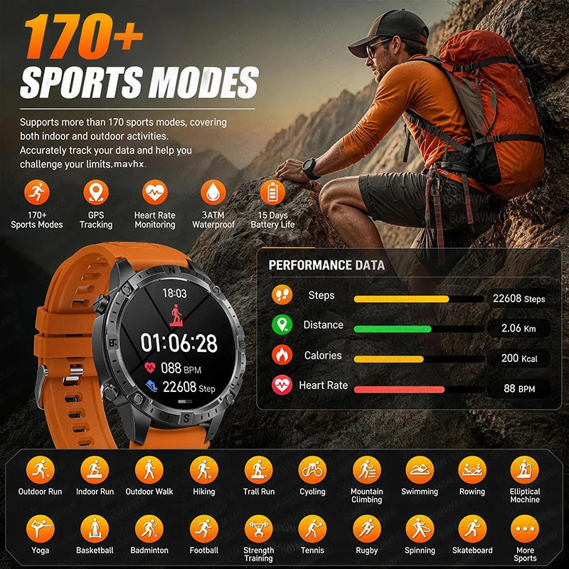 New Outdoor GPS Offline Map Smart Watch Men 3ATM Waterproof 170+ Sports LED Compass Altimeter AMOLED Bluetooth Call Smartwatch