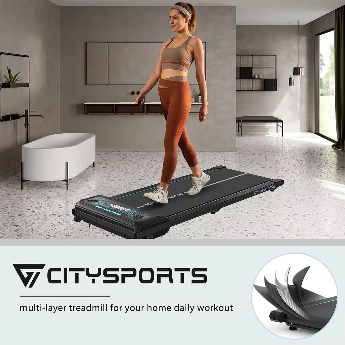 CITYSPORTS PRO Treadmi, Walking Pad Treadmill, Bluetooth, Compact Treadmill with LED Display for Home/Office, 6 km/h