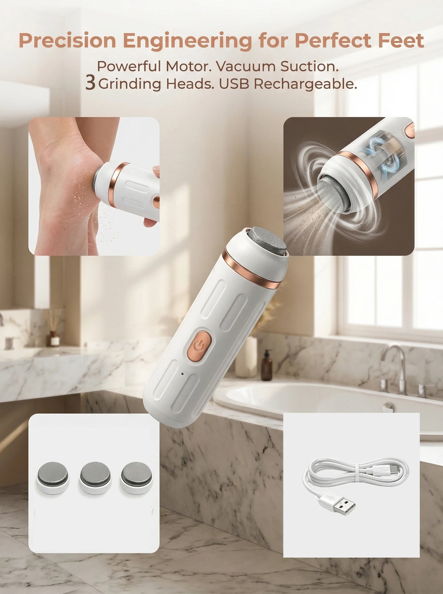 SoftAura Electric Foot Callus Remover Cordless Rechargeable 2 Gears Dry Skin Exfoliation Foot File for Home Pedicure Care