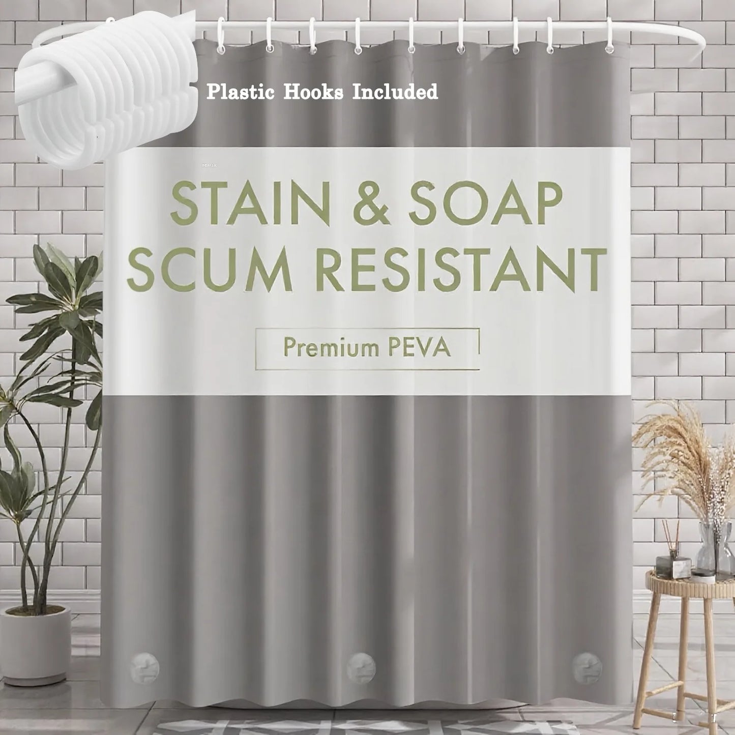 1pc Gray Shower Curtain Liner with Weighted Magnets Plastic Hooks and Durable Metal Grommets Bathroom Curtain Bath Curtain