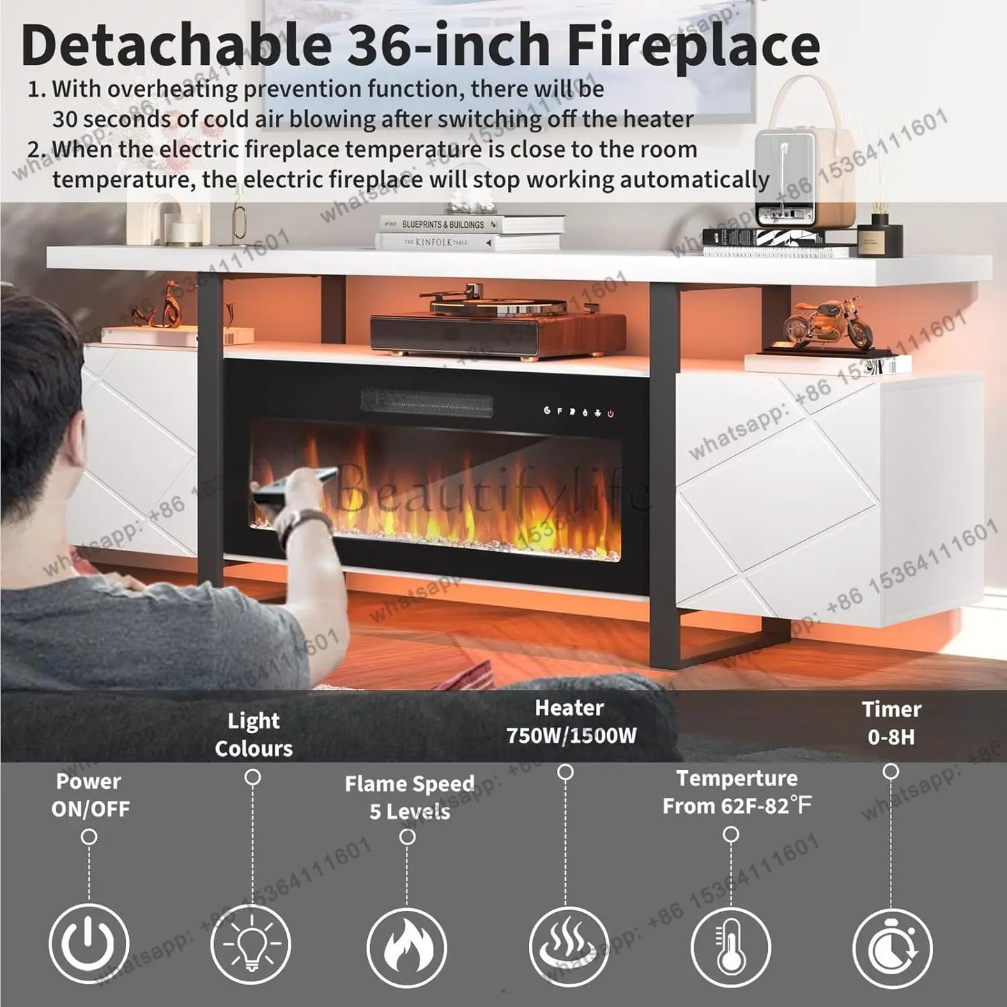 Fireplace TV Stand with 36" Electric Fireplace,LED Light Entertainment Center with Hidden Storage Cabinet,Media, Customized