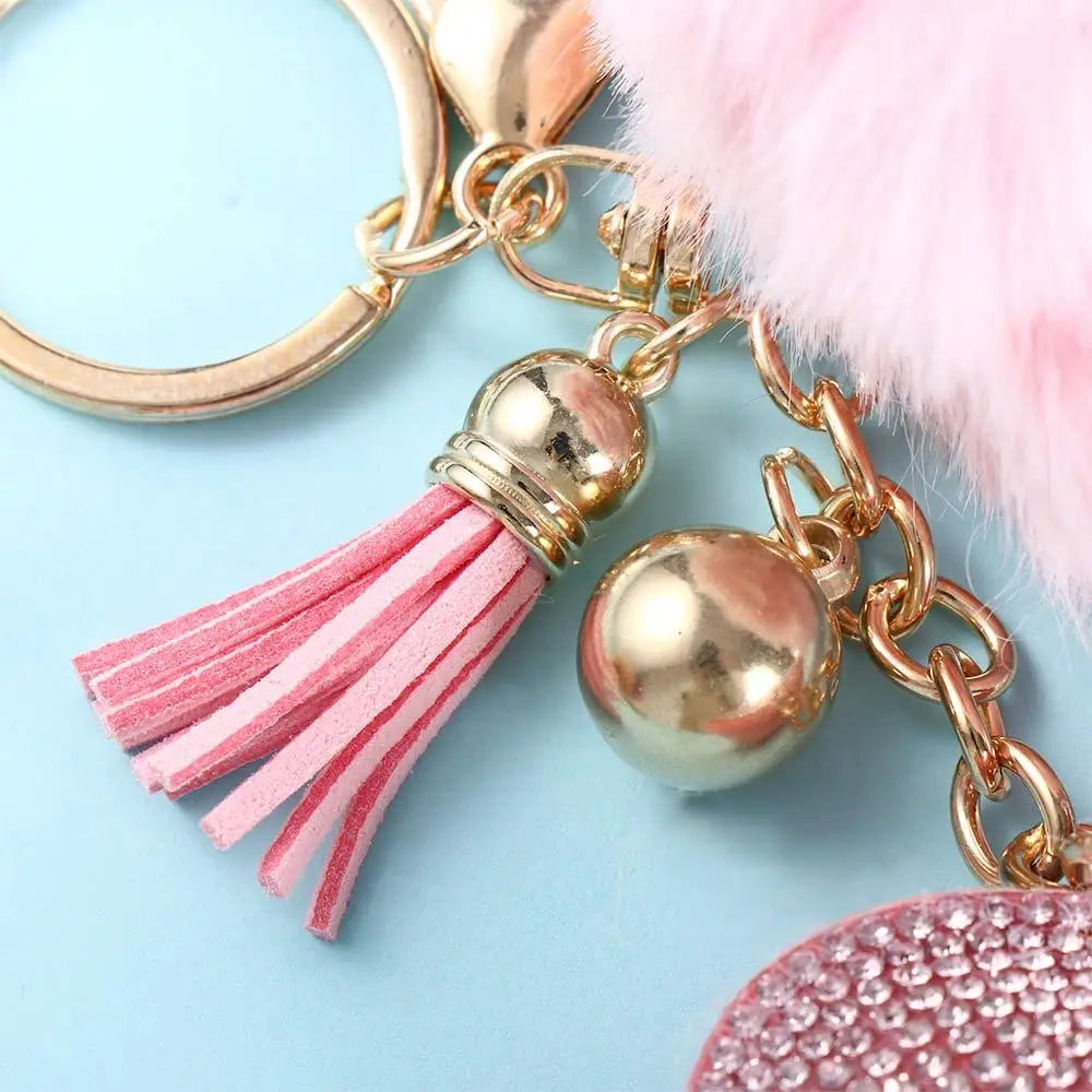 Fashion for Women's Bags Girls Ornaments Packaging Decoration Pompom Keychains Rhinestone Heart Bag Pendant Rhinestone Keyrings