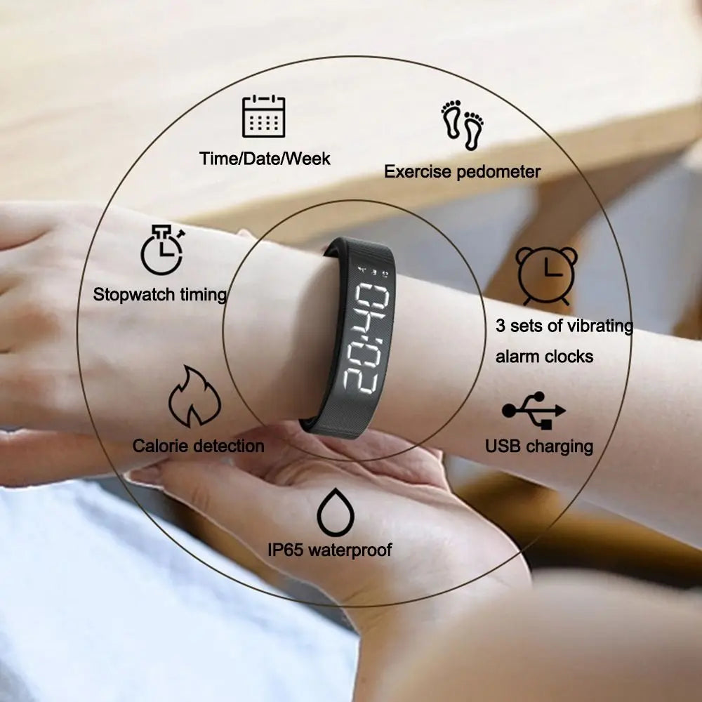 LED Digital Alarm Clock Watch Adjustable Silicone Snooze-proof Alarm Bracelet with Running Pedometer Waterproof Vibrating Alarm