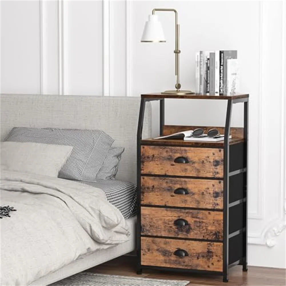 Bedside Table Side End Table with 4 Drawers & Open Shelf Nightstand Chest of Drawers Storage Unit for Living Room, Bedroom