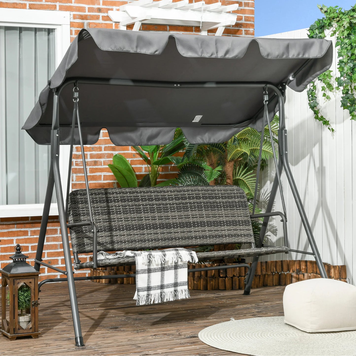 Outsunny 3-Seater Outdoor PE Rattan Swing Chair, Patio Wicker Hanging Swing Bench with Steel Frame Stand & Adjustable Canopy