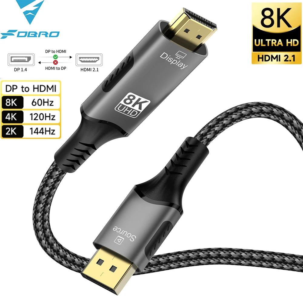 DisplayPort to HDMI-Compatible Cable DP1.4 to HDMI 2.1 Converter 8K@60Hz 4K@120Hz HDR For Desktop Laptop PC TV Monitor Projector