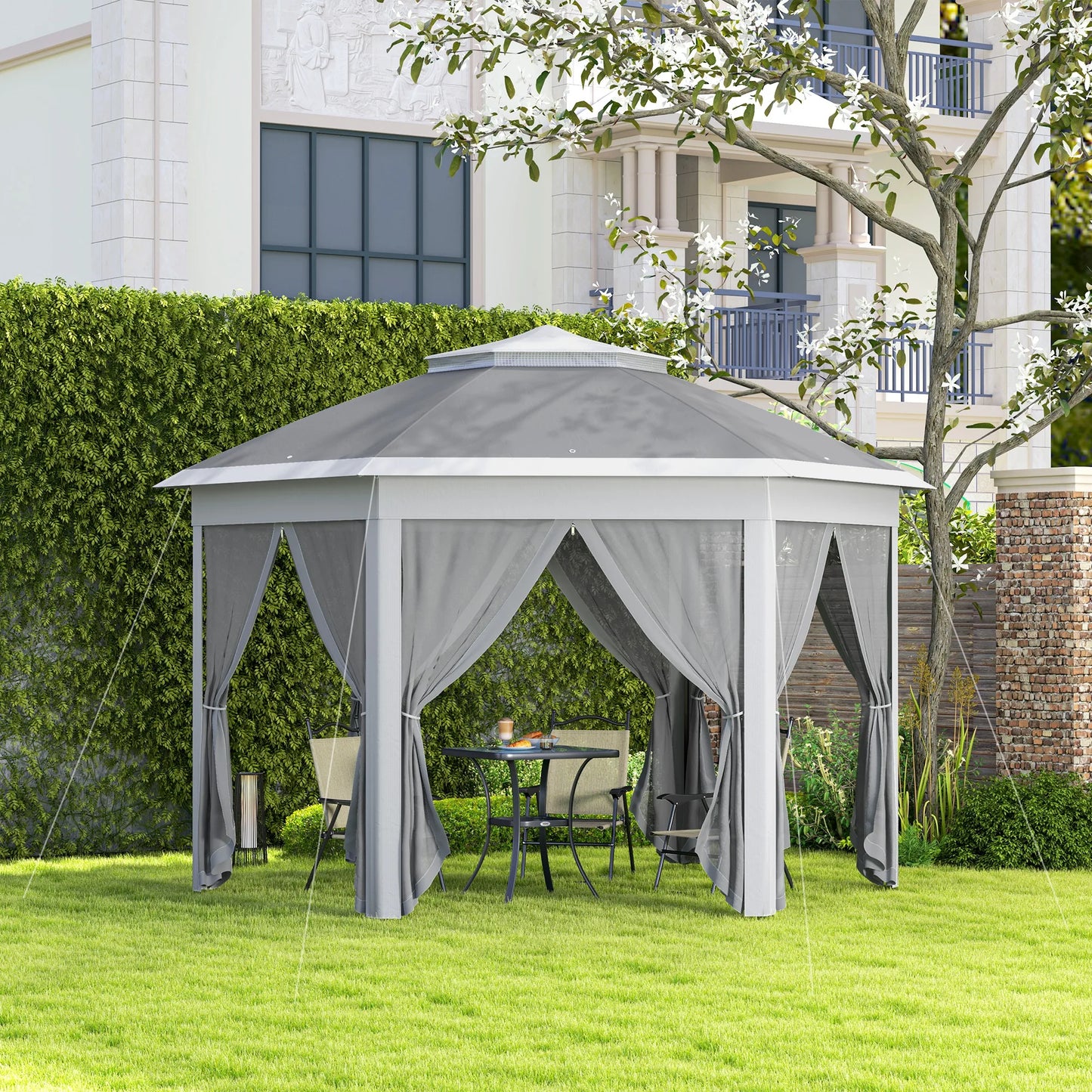 Outsunny 3 x 4m Garden Gazebo Hexagon Pop Up Party Tent Canopy Double Roof Instant Shelter with Netting and Carry Bag，Dark Grey