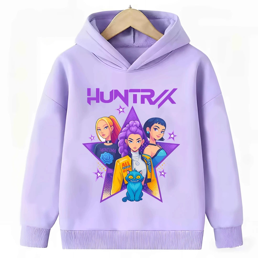 2026 New Kpop Demon Hunter Cartoon Hoodie Kids Boys Girls Purple Warm Casual Loose Sweatshirt Children Fashion Streetwear Tops