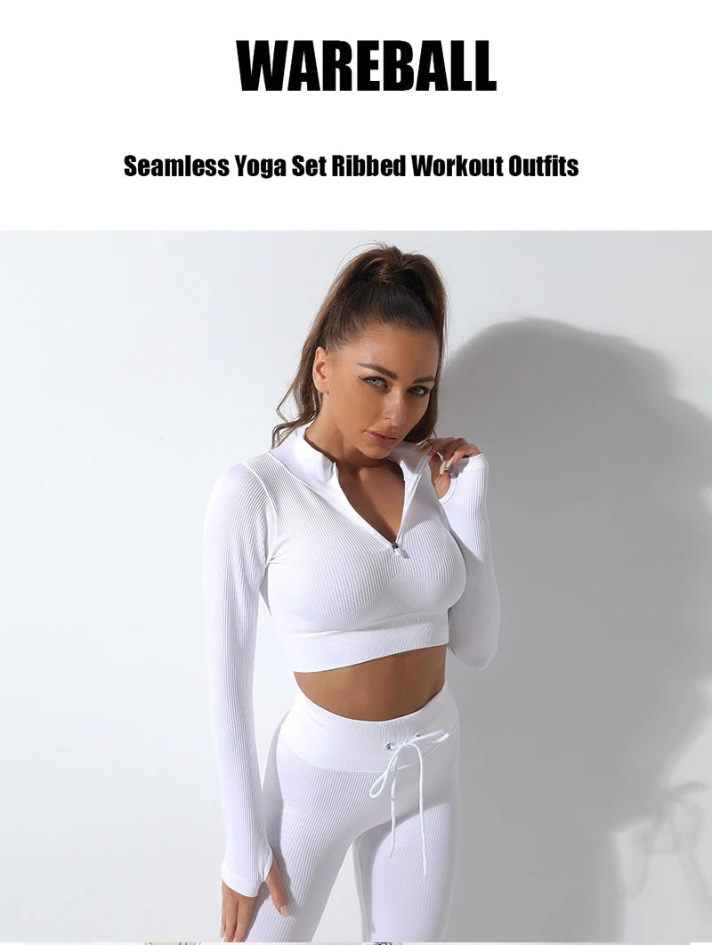Seamless Women Yoga Set Workout Sportswear Gym Clothing Zipper Long Sleeve High Waist Leggings Fitness Bra Athletic Sports Suits