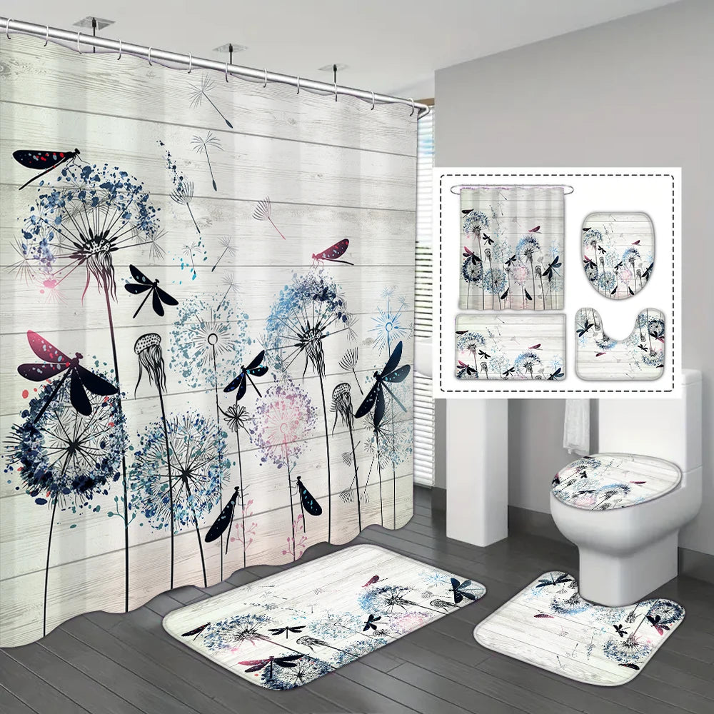 4-piece set of blue white jade orchid waterproof printed shower curtains with 12 hooks, bathroom floor mats