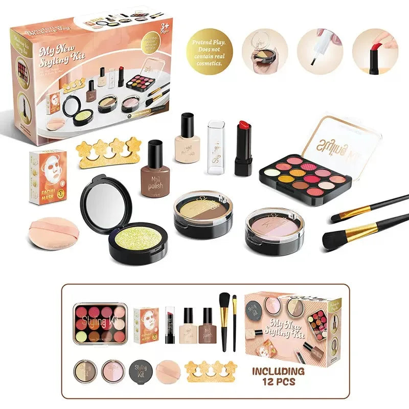 Girl’s pretend home make-up set: faux manicure, lip color, eye shadow, non-washable princess-themed cosmetics and toys.