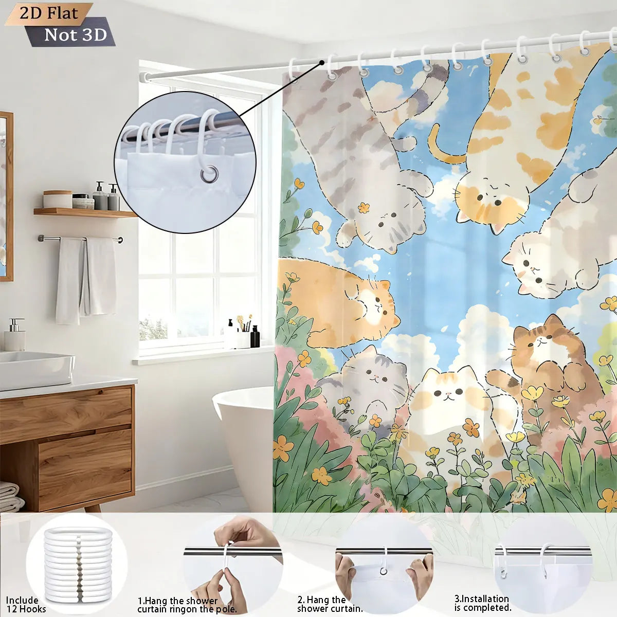 1pc Cute Cartoon Cat Printed Waterproof Shower Curtain Partition Privacy Hanging Curtain with 12 Hooks Multiple Sizes
