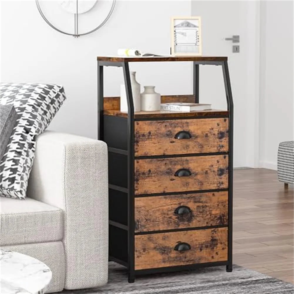 Bedside Table Side End Table with 4 Drawers & Open Shelf Nightstand Chest of Drawers Storage Unit for Living Room, Bedroom
