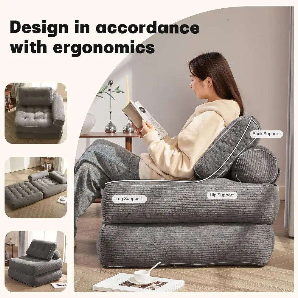 Convertible Sofa Bed for Small Spaces: Grey Sleeper Chair with Floor Lounge Sofa and Bedroom Living Room Use