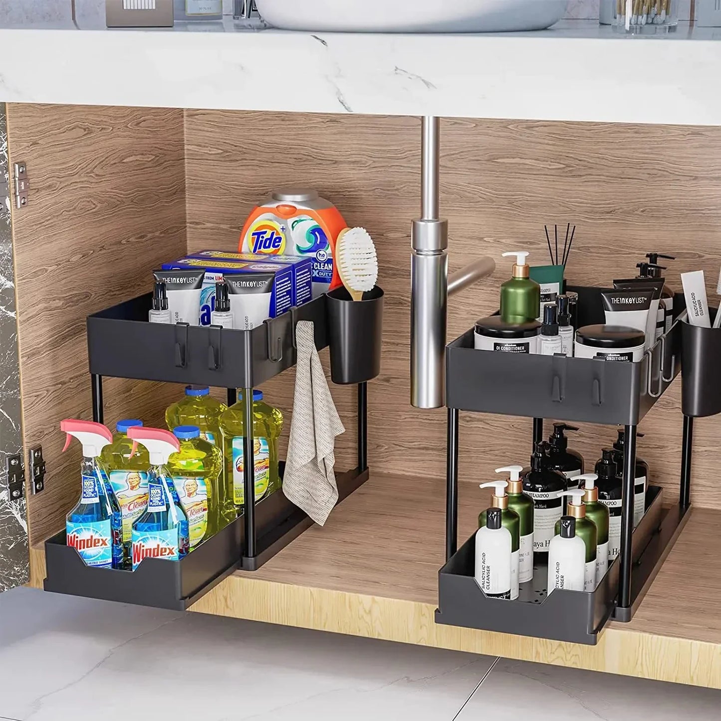 2-Tier Pull Out Under Sink Organizer, Storage Rack with Hooks & Cups, Space Saving Slide-Out Shelf for Kitchen Bathroom Cabinet