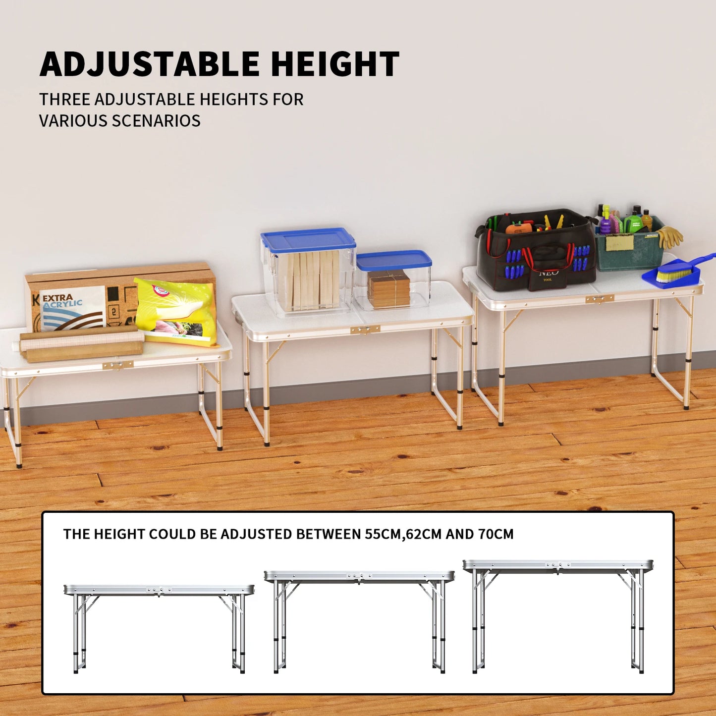 120cm Aluminium Folding Table - Portable Lightweight Camping With Extra Strength Trestle Design, Power Coated Adjustable Height