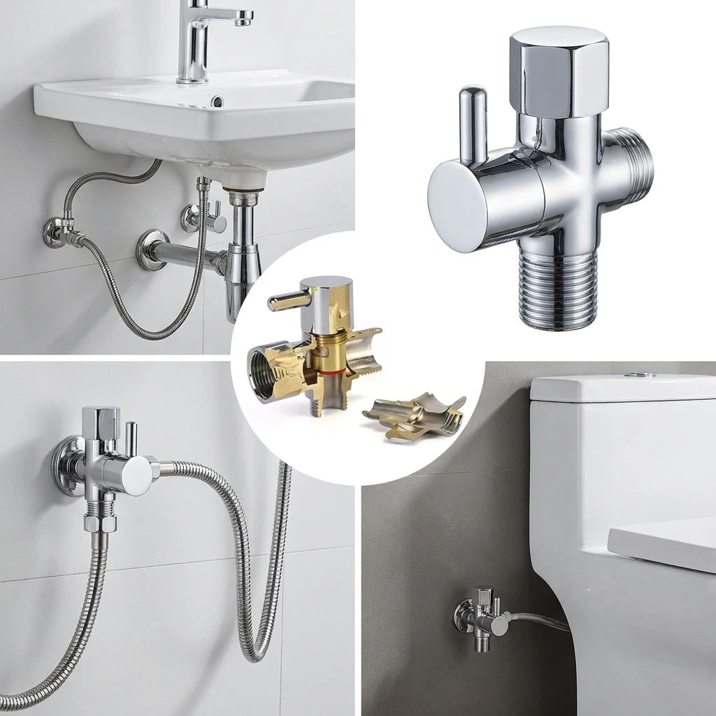 Three-Way T-Type Shower Diverter Valve G1/2 Inch Brass Faucet Connector Bathroom Water Diverters Adapter for Shower