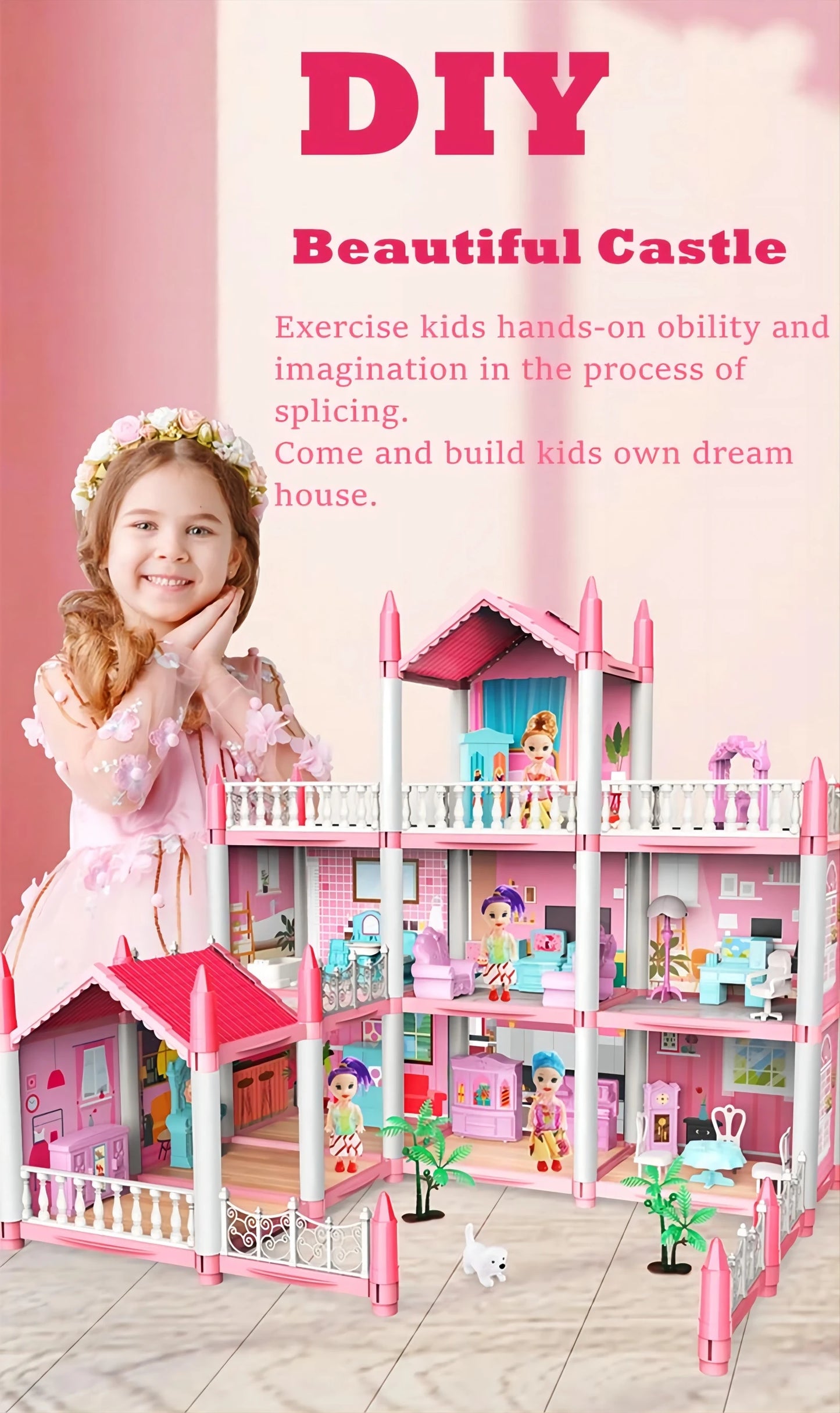 Children's Music Doll House Assembly Villa House 3D DIY Dream Princess Castle Villa Assembly Doll House Set Toy Girl Family Toy