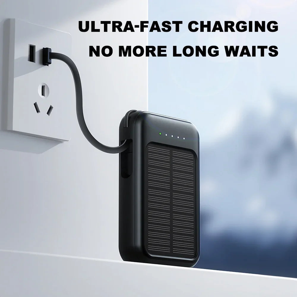 20000mAh Portable Solar Power Bank Built in 4 Cables External Battery Pack  Mini Powerbank  with LED Light for Cell Phones