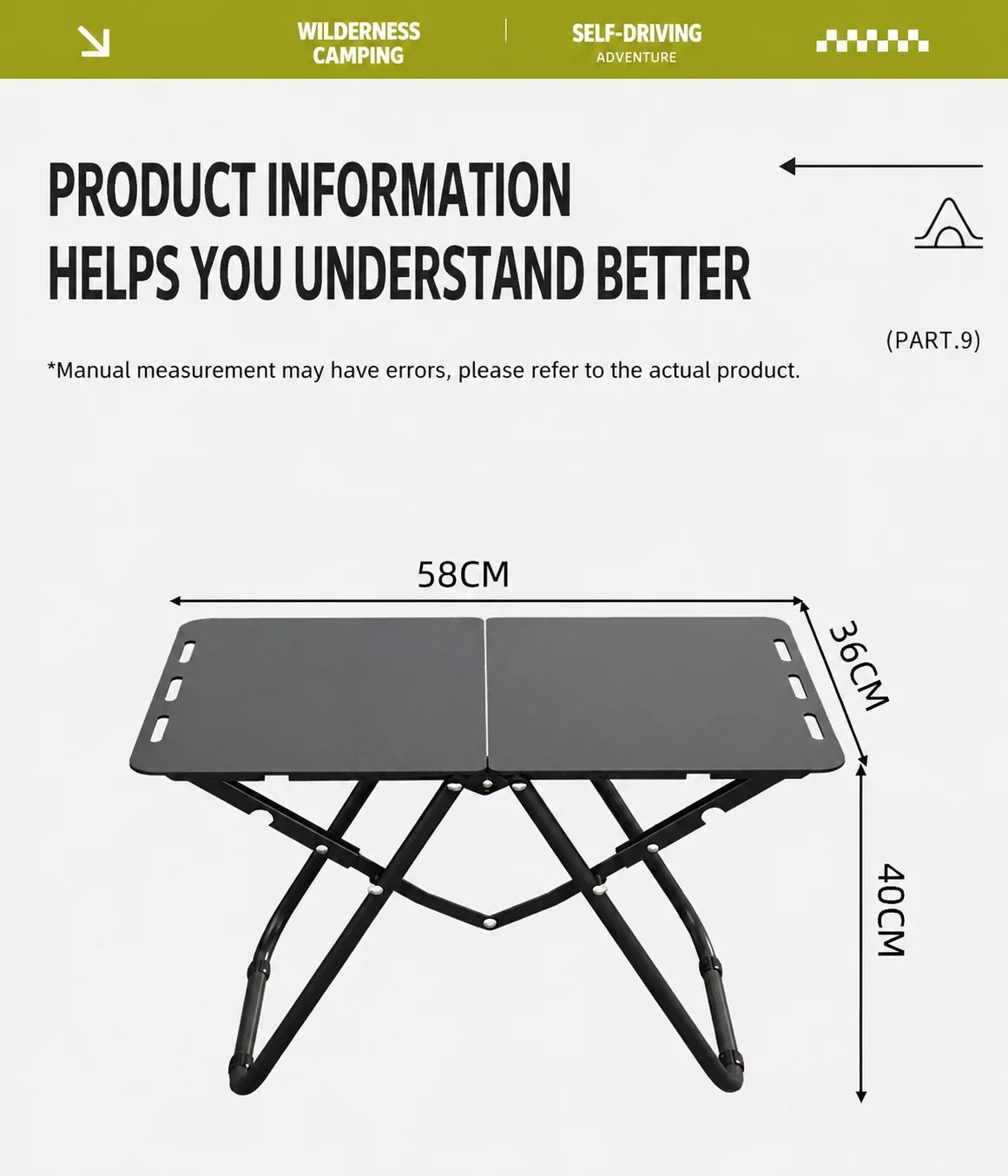 Green Portable Foldable Camping Table, Hollow Edge Hangable Design, Lightweight Durable Table for Picnic Beach Outdoor Travel