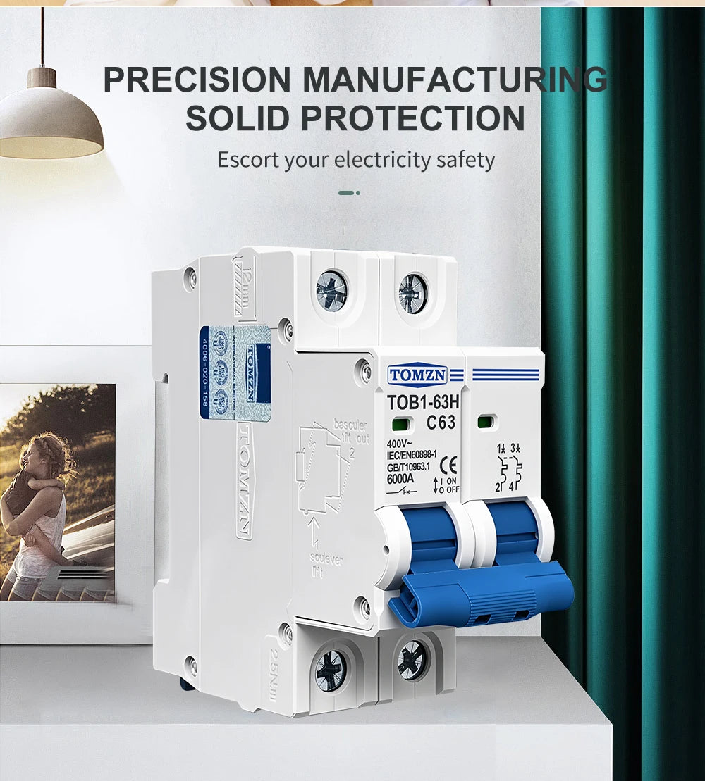 TOMZN 2P AC MCB TOB1-63 C Type 230/400V~ 50Hz/60Hz Mini Circuit Breaker 6A 10A 16A 20A 25A 32A 40A 50A 63A